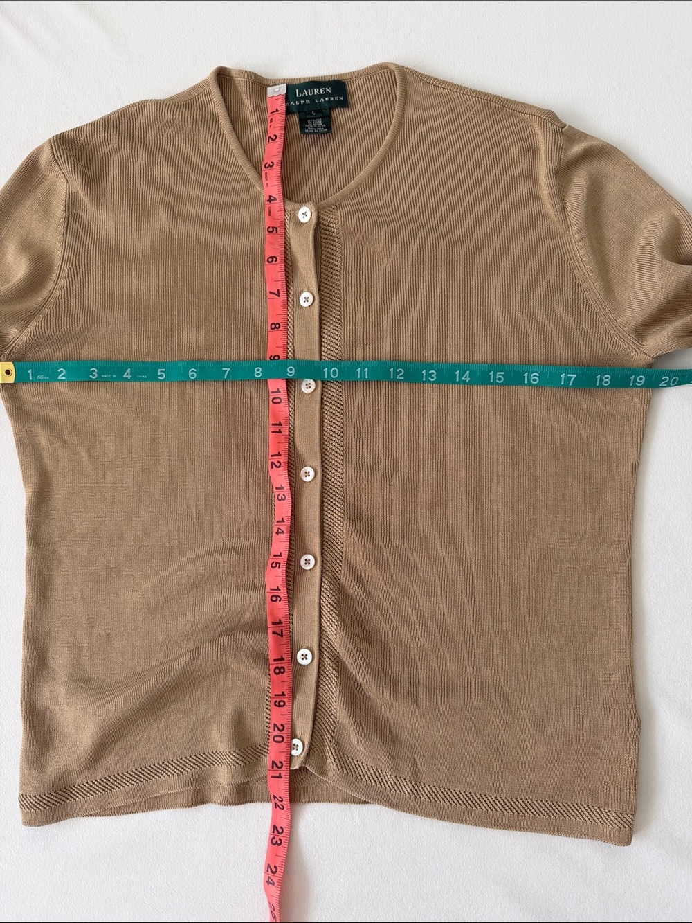 Lauren Ralph Lauren Women's Camel Crewneck 100% Silk Cardigan Sweater Size Large - Picture 8 of 8